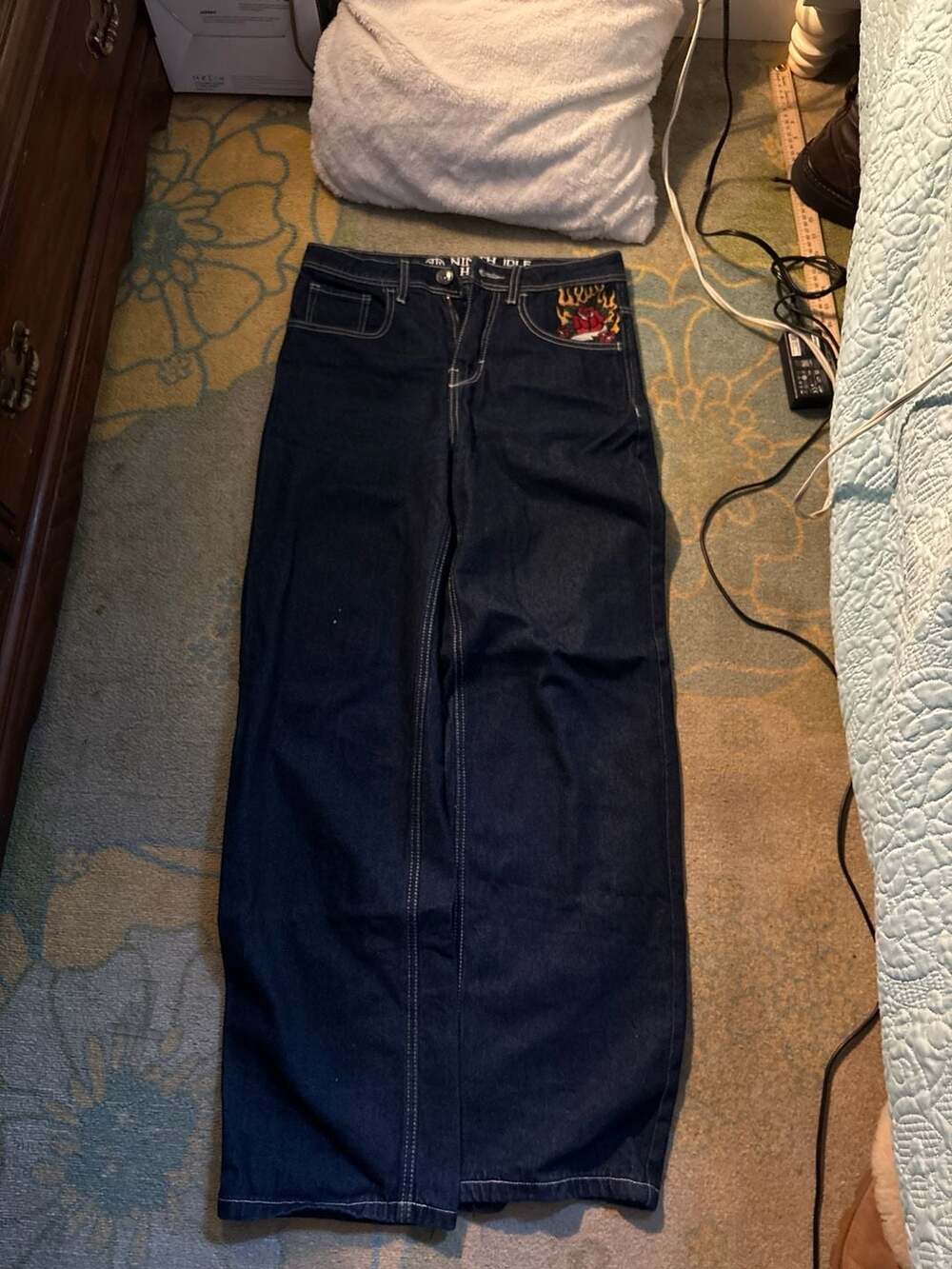 Ninth Hall Idle Wide Leg Denim Jeans with Flaming Rose Embroidery